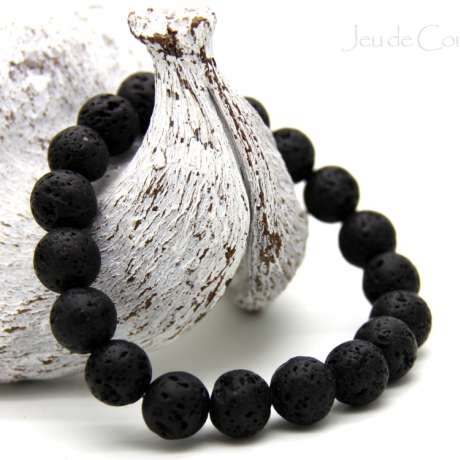 Lava-Kugel-Armband (elastisch) in Schwarz, auch als Herrenschmuck