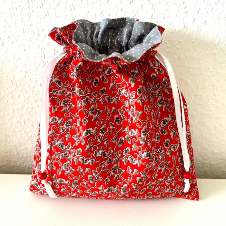 Geschenkbeutel Stoffsäckchen mit Innenfutter 24x26 cm Rot Grau