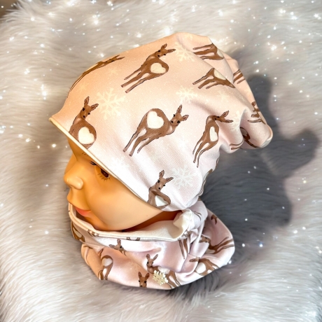 Mütze und Loop Set Mädchen Rehkitz rosa Mütze Jersey Halssocke