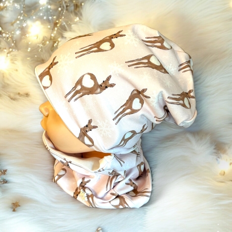 Mütze und Loop Set Mädchen Rehkitz rosa Mütze Jersey Halssocke