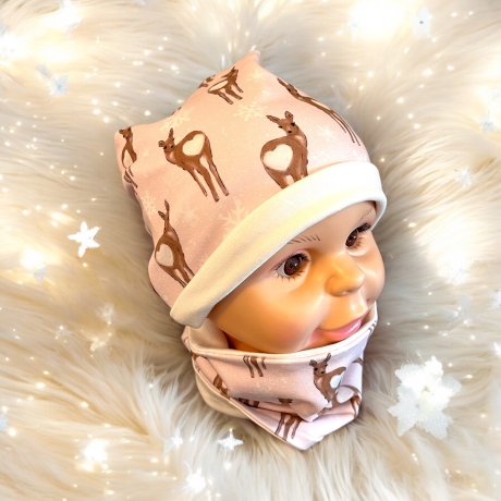Mütze und Loop Set Mädchen Rehkitz rosa Mütze Jersey Halssocke