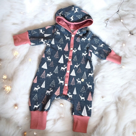 Overall Baby Sweat mit Knopfleiste und Kapuze, jeansblauer Sweat 