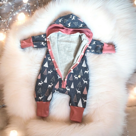 Overall Baby Sweat mit Knopfleiste und Kapuze, jeansblauer Sweat 