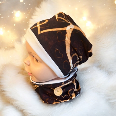 Beanie Mütze Schal Set Mütze und Loop Set Mädchen Herzen gold 