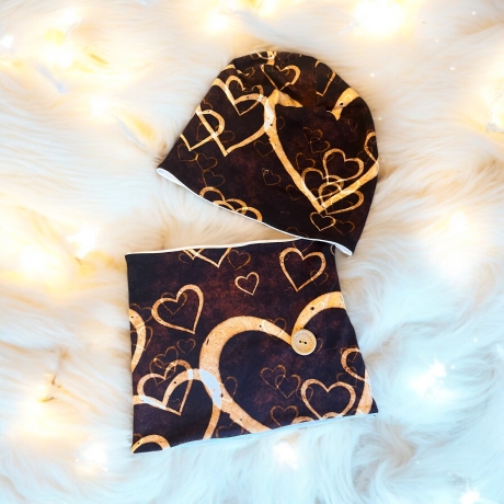 Beanie Mütze Schal Set Mütze und Loop Set Mädchen Herzen gold 