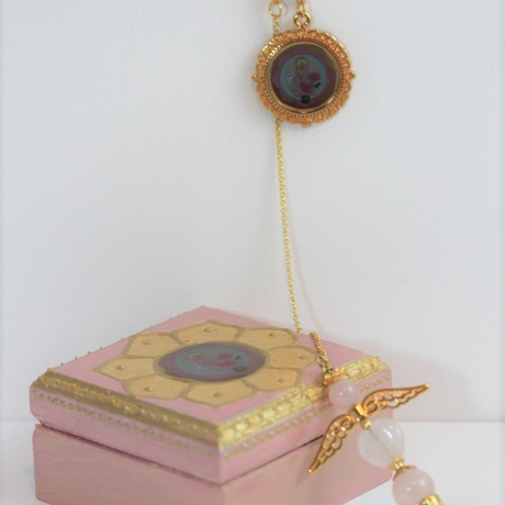 Rosenquarz Engel Pendel Halskette mit Erzengel Chamuel rosa gold