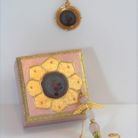 Rosenquarz Engel Pendel Halskette mit Erzengel Chamuel rosa gold