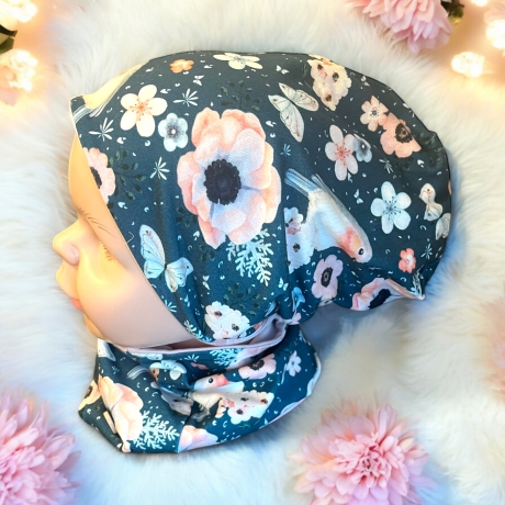 Mütze und Loop Set Mädchen Rotkehlchen und Rosen petrol und rosa