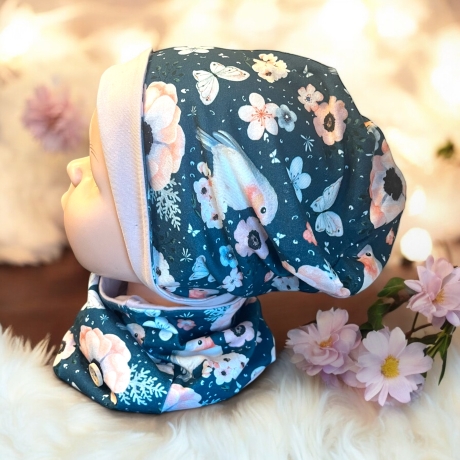 Mütze und Loop Set Mädchen Rotkehlchen und Rosen petrol und rosa