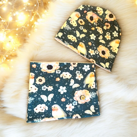 Mütze und Loop Set Mädchen Rotkehlchen und Rosen petrol und rosa