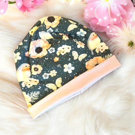 Mütze und Loop Set Mädchen Rotkehlchen und Rosen petrol und rosa