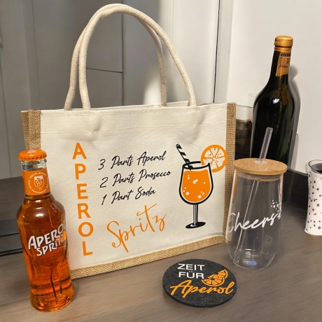 Geschenkset Aperol Jutetasche Glas mit Strohalm Untersetzer Filz