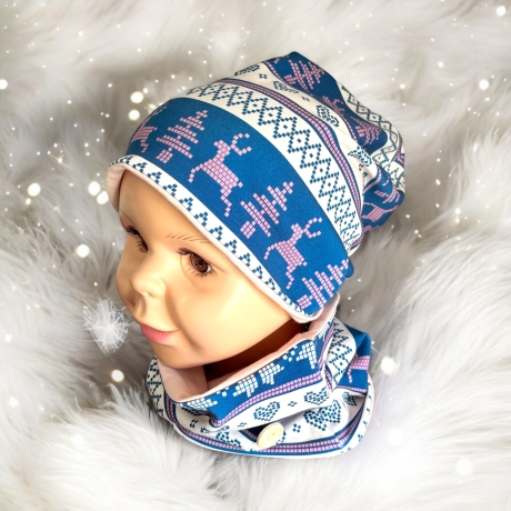 Mütze und Loop Set Kinder Norwegermuster I Mütze Sweat Halssocke 