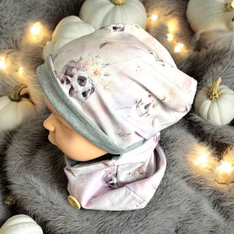 Beanie Mütze und Loop Schal Set Mädchen Sugar Skulls Totenköpfe