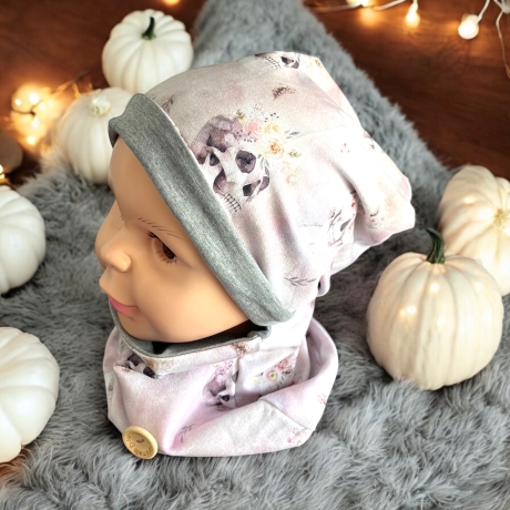 Beanie Mütze und Loop Schal Set Mädchen Sugar Skulls Totenköpfe