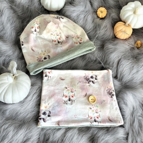 Beanie Mütze und Loop Schal Set Mädchen Sugar Skulls Totenköpfe