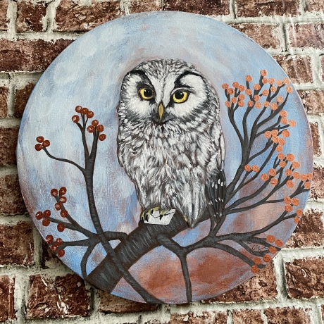 Handgemaltes Bild  rund 30 cm Acryl auf Leinwand Eule mit Brief 