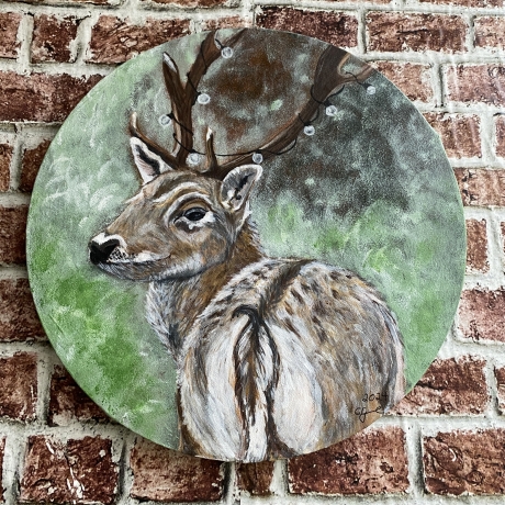 Handgemaltes Bild  rund 30 cm Acryl  Leinwand Hirsch Lichterkette