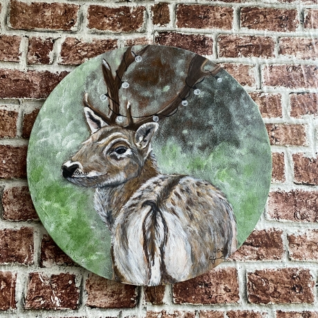Handgemaltes Bild  rund 30 cm Acryl  Leinwand Hirsch Lichterkette