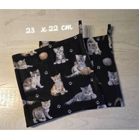 Topflappen Set XL - doppellagig Einzigartig - Katzen auf schwarz