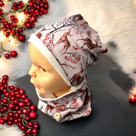 Mütze und Loop Set Mädchen Hirsche flieder I Mütze Sweat 