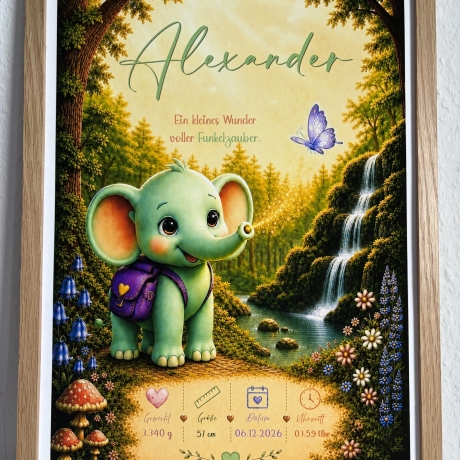 Personalisiertes Geburtsposter inkl. Bilderrahmen - Elefant