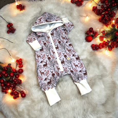 Overall Baby Sweat mit Knopfleiste und Kapuze I flieder mit Rehen