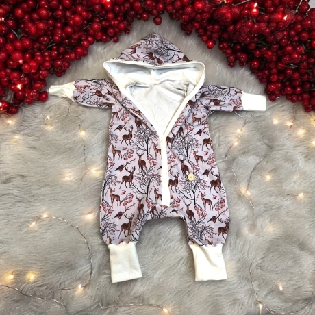 Overall Baby Sweat mit Knopfleiste und Kapuze I flieder mit Rehen