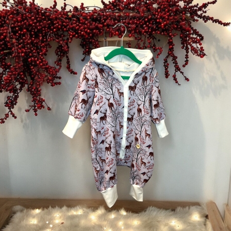 Overall Baby Sweat mit Knopfleiste und Kapuze I flieder mit Rehen