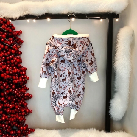 Overall Baby Sweat mit Knopfleiste und Kapuze I flieder mit Rehen