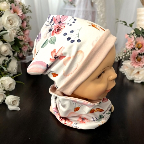 Mütze Schal Set Mädchen rosa I Rehe Heißluftballon Blumen