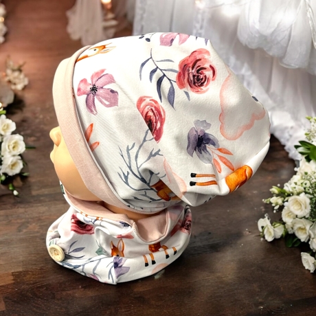 Mütze Schal Set Mädchen rosa I Rehe Heißluftballon Blumen