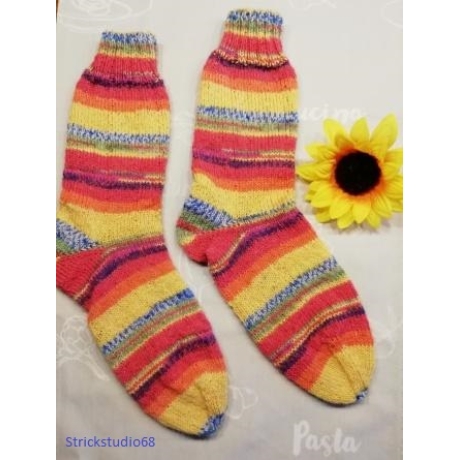 Socken-handgestrickt-Gr. 38/39-Streifen-bunt mit gelb,orange,...