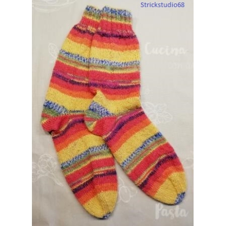 Socken-handgestrickt-Gr. 38/39-Streifen-bunt mit gelb,orange,...