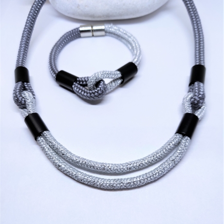 Schmuckset Statementkette Armband Segelseil Silber Grau Frauen