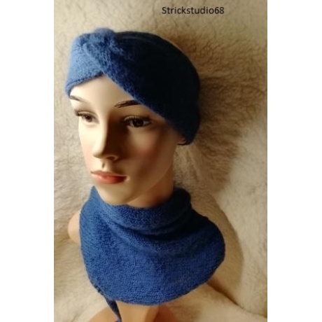 Winterset -Stirnband mit kleinem Halstuch - handgestrickt - blau