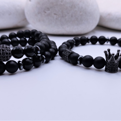Armband Herren 3 Teile Schwarz Matt Onyx Krone Strass Kugel