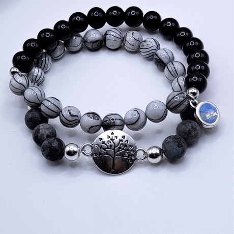 Armband Set grau schwarz Geschenk Natursteine Muschelperlen Baum
