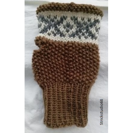 Handstulpen - Fair Isle Muster - gestrickt - braun / weiß / grau