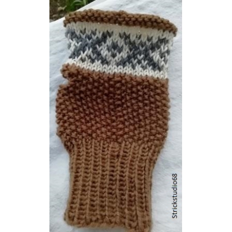 Handstulpen - Fair Isle Muster - gestrickt - braun / weiß / grau