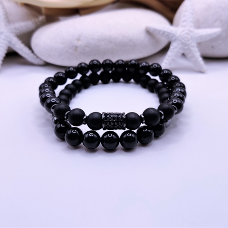 Armband Set für Herren Naturstein Quarz Schwarz Strass Geschenk