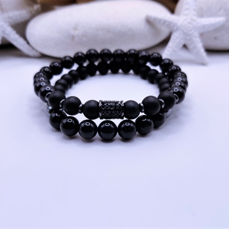 Armband Set für Herren Naturstein Quarz Schwarz Strass Geschenk
