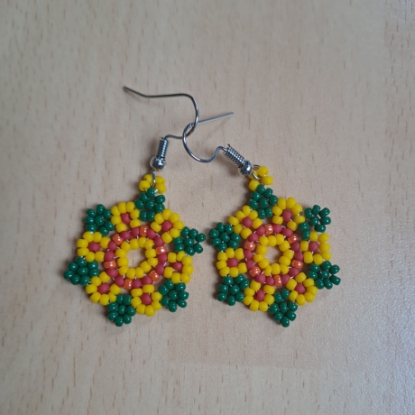 Ohrringe aus Perlen, Huichol,gelb/rot/grün, Handarbeit