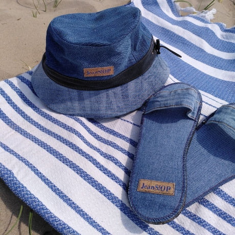 Blauer Fischerhut, Bucket Hat, Sommerhut aus recycelten Jeans