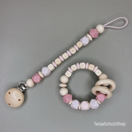Baby Set Schnullerkette und Greifring  mit Namen des Kindes