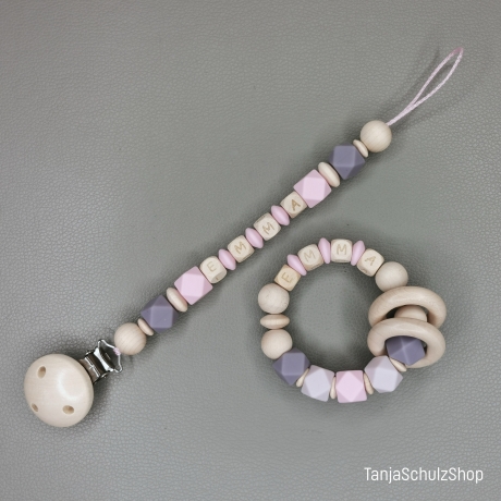 Baby Set Schnullerkette und Greifring  mit Namen des Kindes