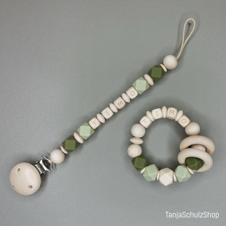 Baby Set Schnullerkette und Greifring  mit Namen des Kindes