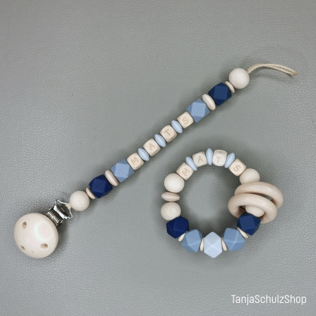 Baby Set Schnullerkette und Greifring  mit Namen des Kindes