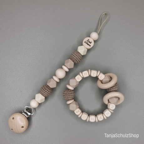 Baby Set Schnullerkette und Greifring - Doppelnamen