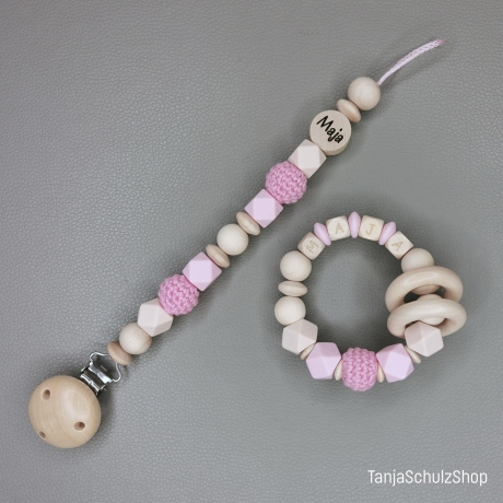 Baby Set Schnullerkette und Greifring  mit Namen des Kindes